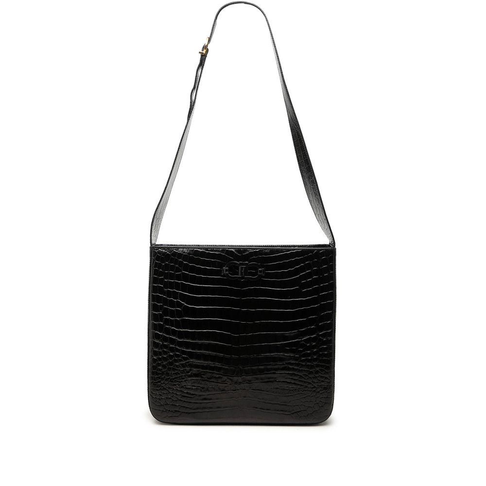 Pre-Loved Ferragamo Croc Embossed Leather Double Gancini Crossbody